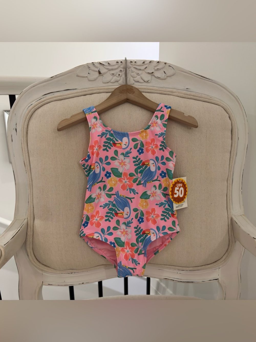🦜 2T Toddler Girls Pink Floral Toucan One-Piece Swimsuit - UPF 50 NWT